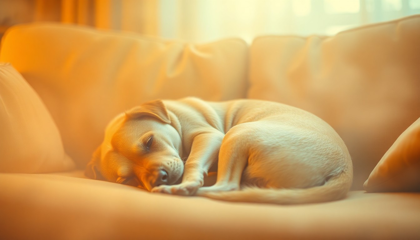 An extremely abstracted, out-of-focus photograph in warm, soft tones depicting the silhouette of a dog curled up on a couch, conceptually representing the quiet companionship and patience needed to welcome a new pet into one's life.