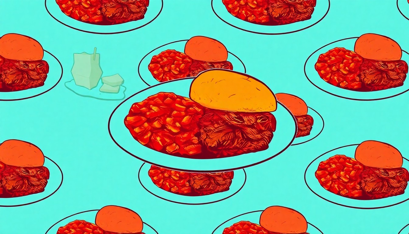 A bold, colorful silkscreen print featuring a repeated image of a plate of pinto beans and cornbread, conceptually representing the classic comfort food menu and welcoming atmosphere of a small-town restaurant.