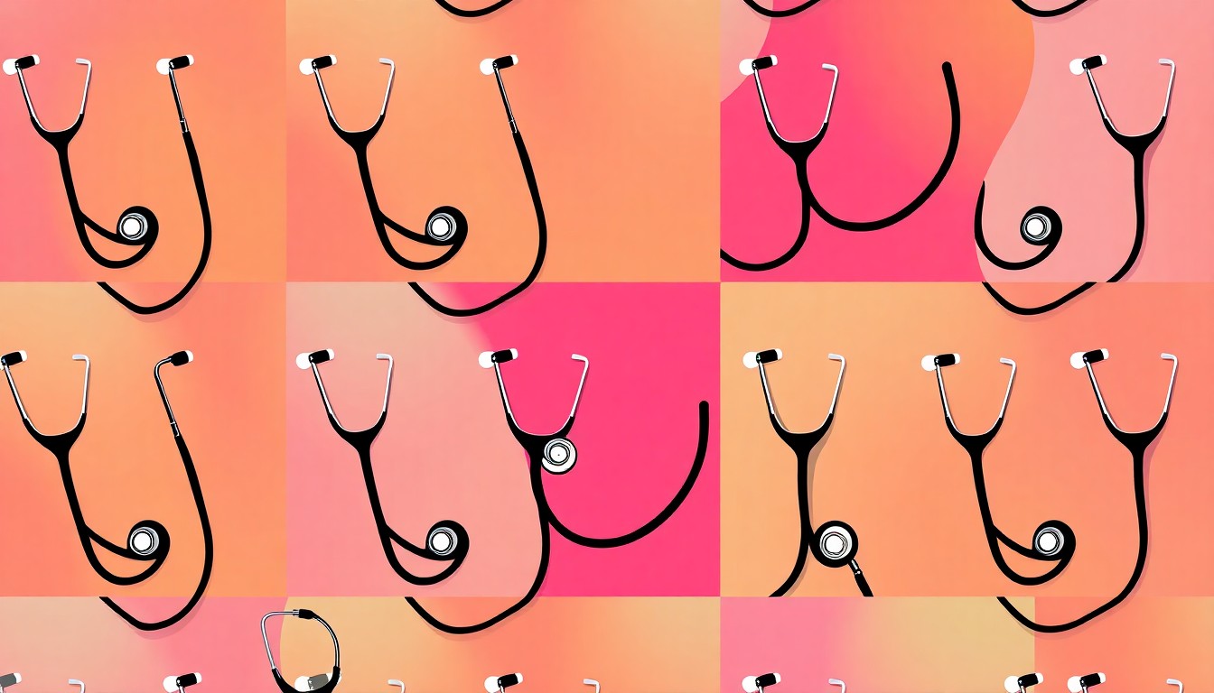 A brightly colored, high-contrast silkscreen print of a stethoscope repeated in a tight grid pattern, capturing the excitement and significance of medical students matching into residency programs.