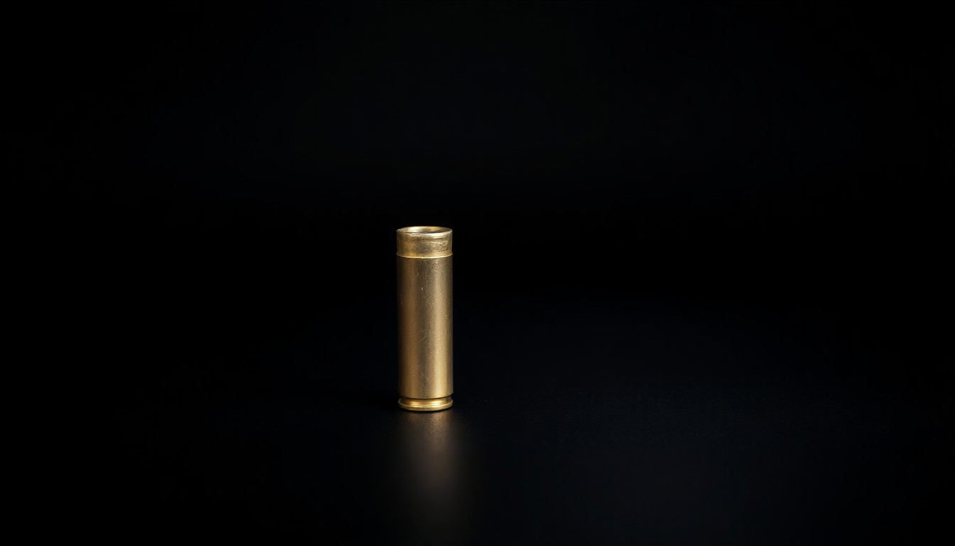 An extreme close-up photograph of a single gun cartridge casing on a black background, lit by a harsh, direct camera flash, conceptually illustrating the investigation into a recent gun theft.