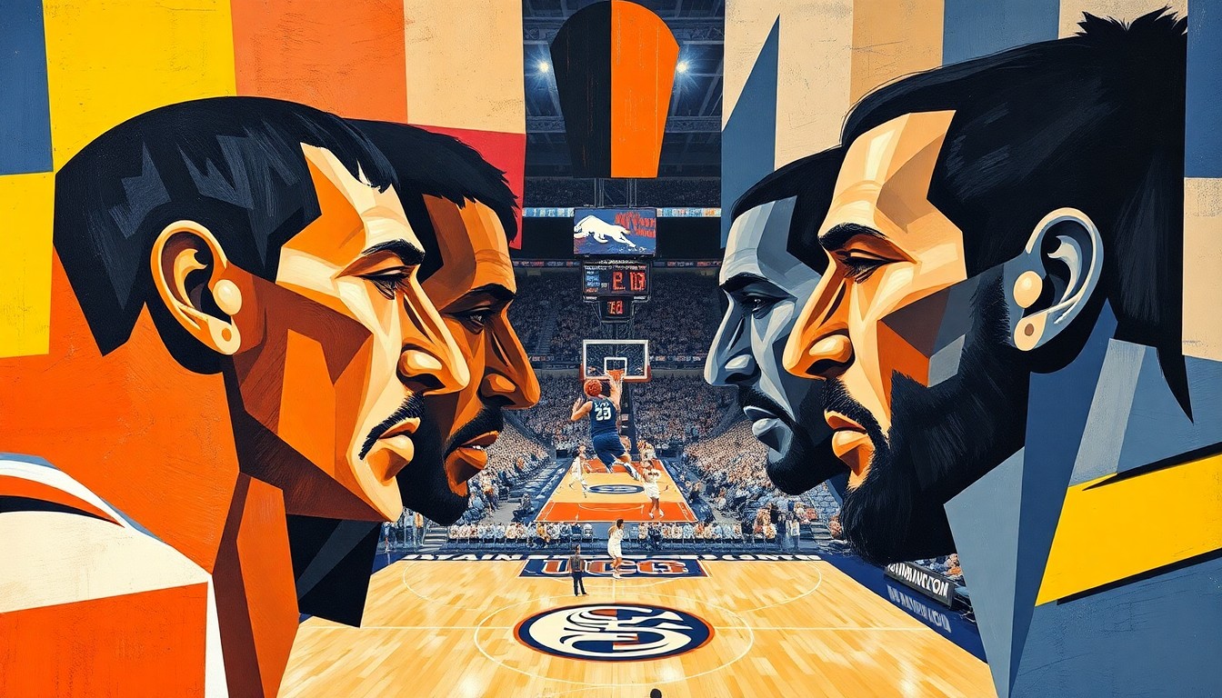 A cubist, geometric painting depicting a basketball game between Illinois and UConn, with the players' forms broken down into abstract shapes and planes of color, conveying the energy and movement of the game.