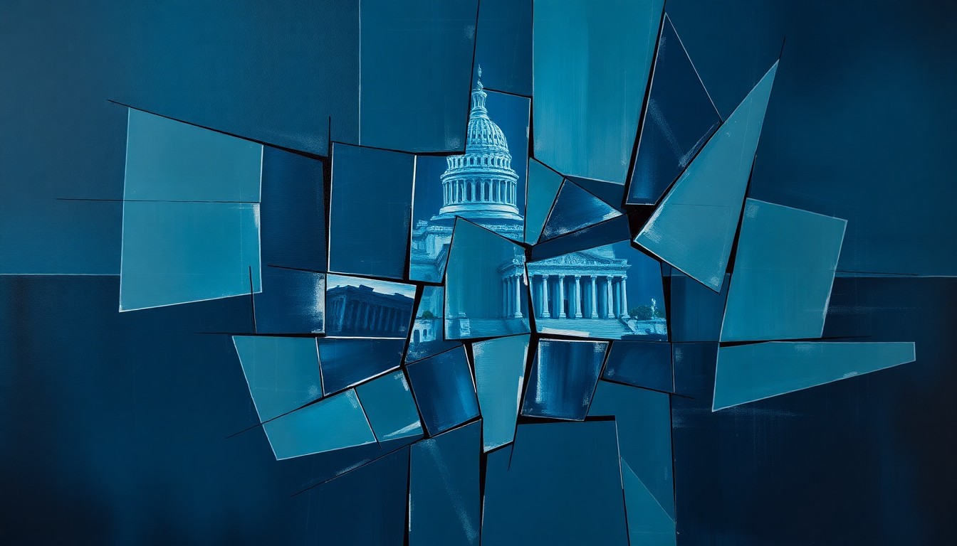 An abstract, fragmented painting in shades of blue depicting overlapping, geometric shapes and forms representing the complex systems of government bureaucracy and immigration enforcement.