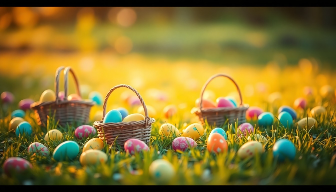 An abstract, out-of-focus scene of Easter baskets and eggs in a grassy field, with soft, warm pools of light and color creating a nostalgic, dreamlike atmosphere.