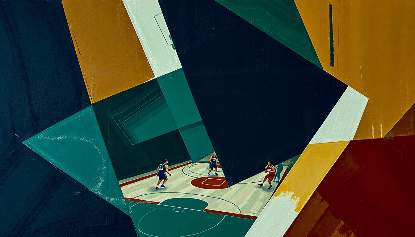 A cubist, deconstructed painting depicting a basketball game, with sharp geometric shapes in muted tones of navy, green, and burgundy, conveying the tragic and chaotic nature of a fatal head injury on the court.
