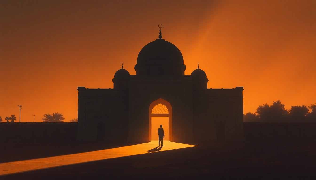 A serene, cinematic painting depicting the exterior of a mosque, with a lone figure standing in the warm, golden light streaming through the doorway, conveying a sense of quiet contemplation and unease over the recent detention of the mosque's president.