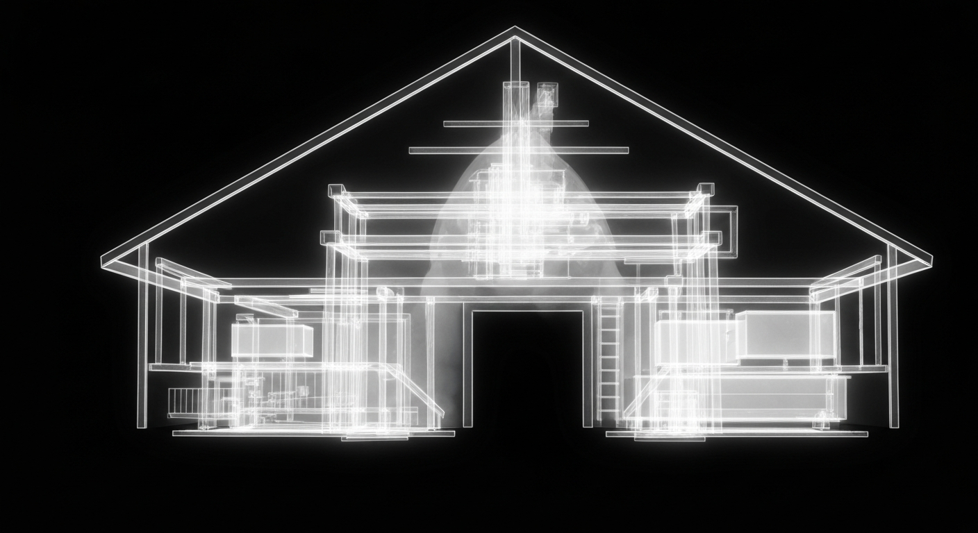 A translucent X-ray photograph revealing the delicate internal structures of a rural medical facility, with glowing lines and ghostly forms against a dark background, conceptually representing the hidden challenges of health care access in remote areas.