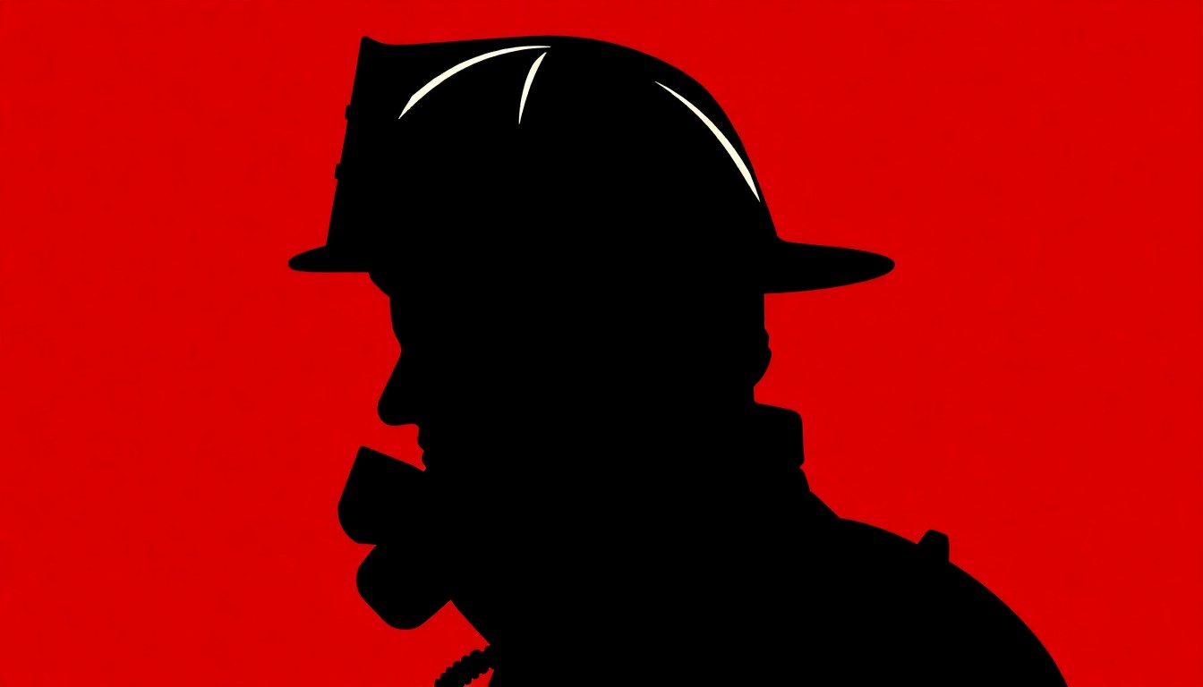 A dramatic black silhouette of a firefighter's helmet and oxygen tank set against a bright red background, capturing the intensity and risk of the profession in a minimalist, abstract style.