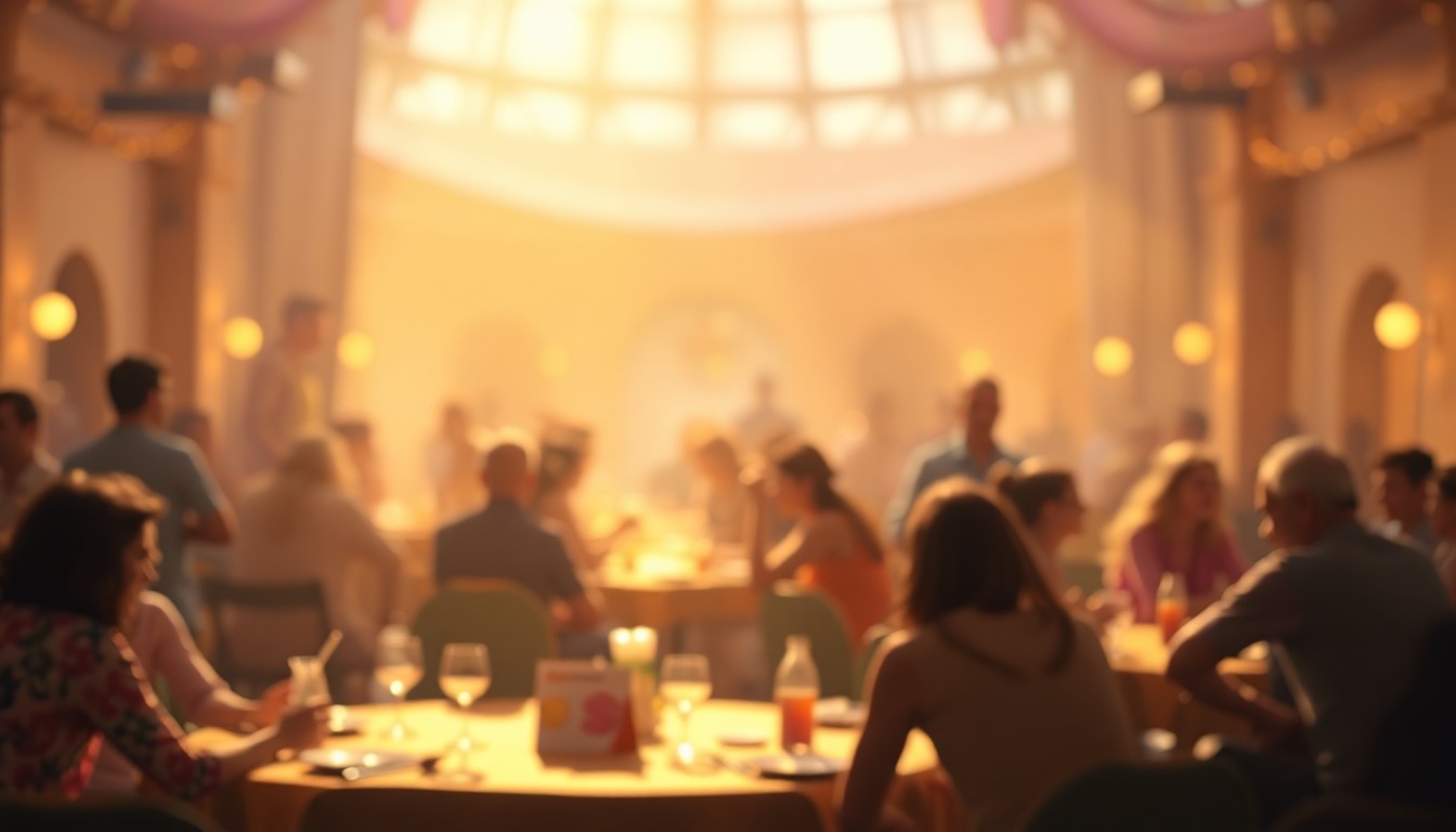 An abstract, out-of-focus scene of people gathered around tables at a community event, with warm pools of light and color creating an intimate, welcoming atmosphere.