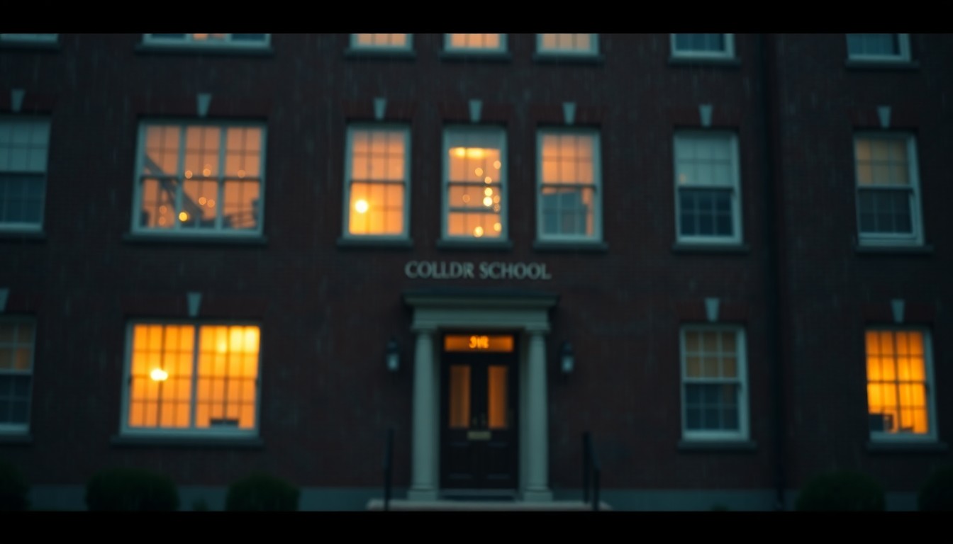 An abstract, impressionistic photograph of a historic brick school building, with the exterior details obscured in a hazy, dreamlike wash of warm colors and soft, blurred light, conveying a sense of nostalgia and community transformation.