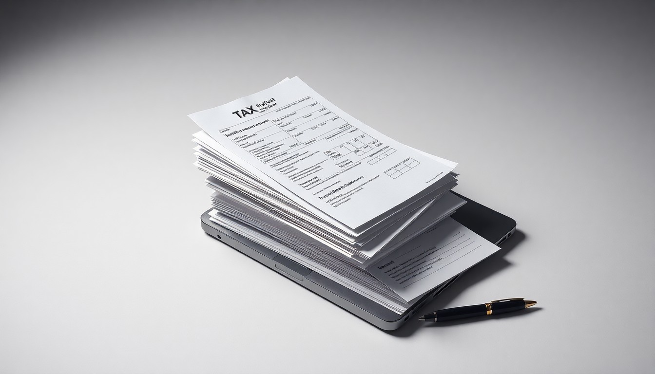 A minimalist, photorealistic studio still life featuring a stack of tax forms, a laptop, and a pen, symbolizing the financial pressures driving residents out of San Francisco.