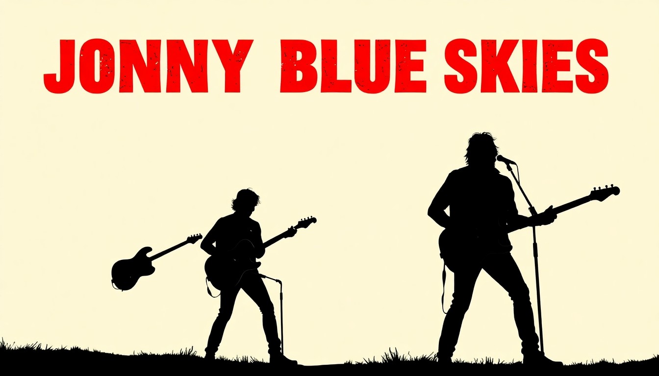 A minimalist, abstract illustration featuring bold, jagged black silhouettes against a high-contrast red and white background, conceptually representing the energy and musical style of Sturgill Simpson's alt-country project Johnny Blue Skies.