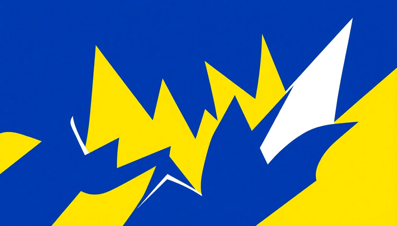 An abstract, minimalist illustration featuring sharp, angular shapes in bright colors, capturing the dynamic spirit of a major concert tour.