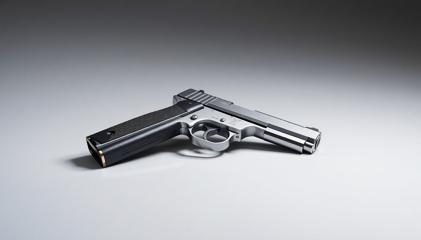 A polished, chrome-plated handgun lying on a clean, monochromatic background, using dramatic lighting and shadows to symbolize the corporate power struggles in the firearms industry.