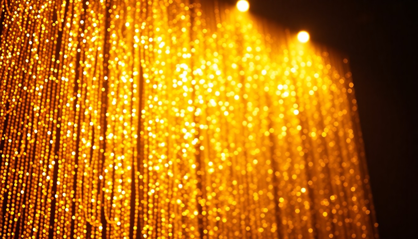 An abstract close-up photograph of shimmering gold sequins and stage lighting, conveying the glitz and energy of a Broadway production.
