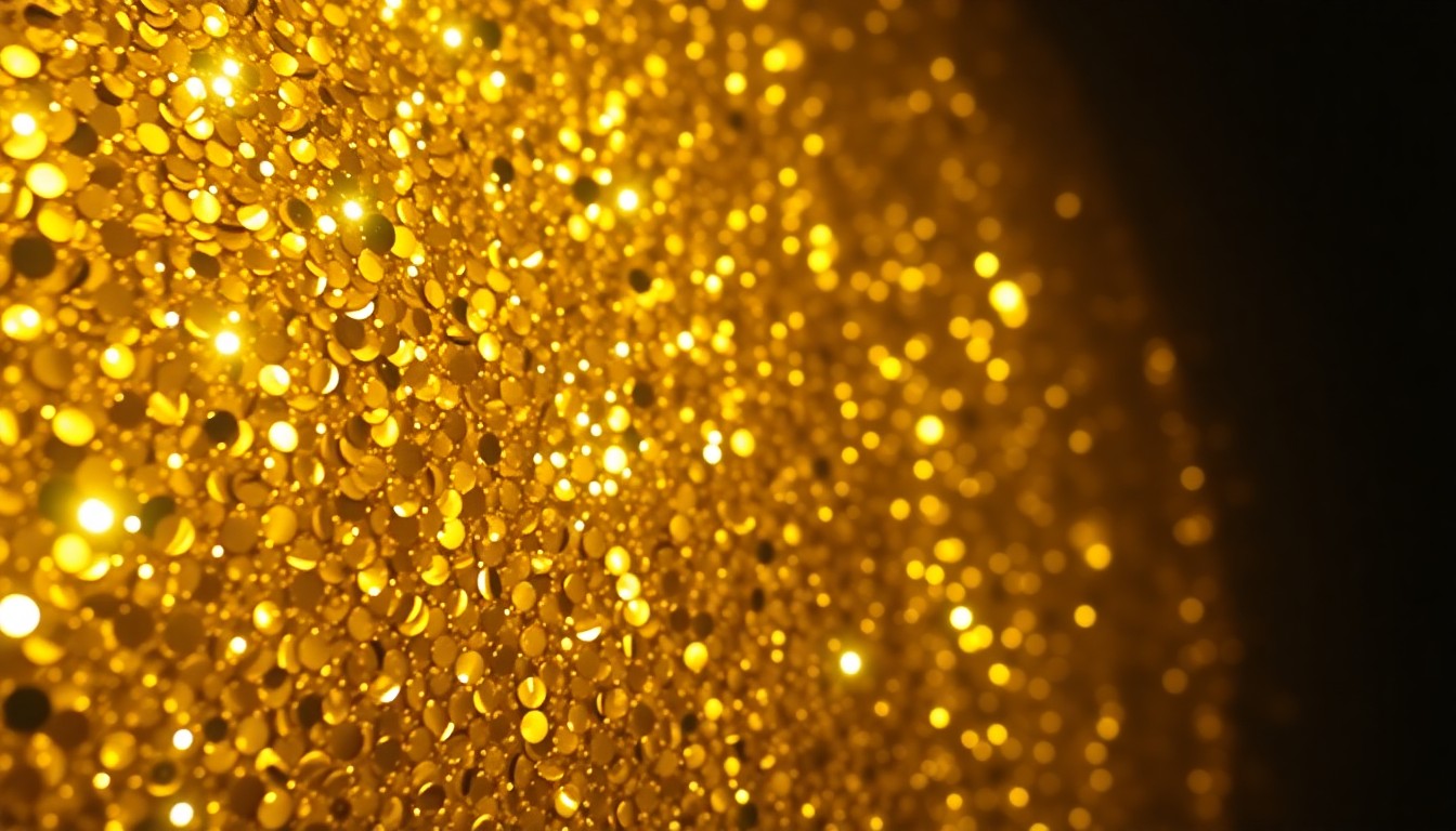 An abstract close-up photograph of shimmering gold sequins reflecting dramatic studio lighting, conveying the glamour and energy of a concert tour.