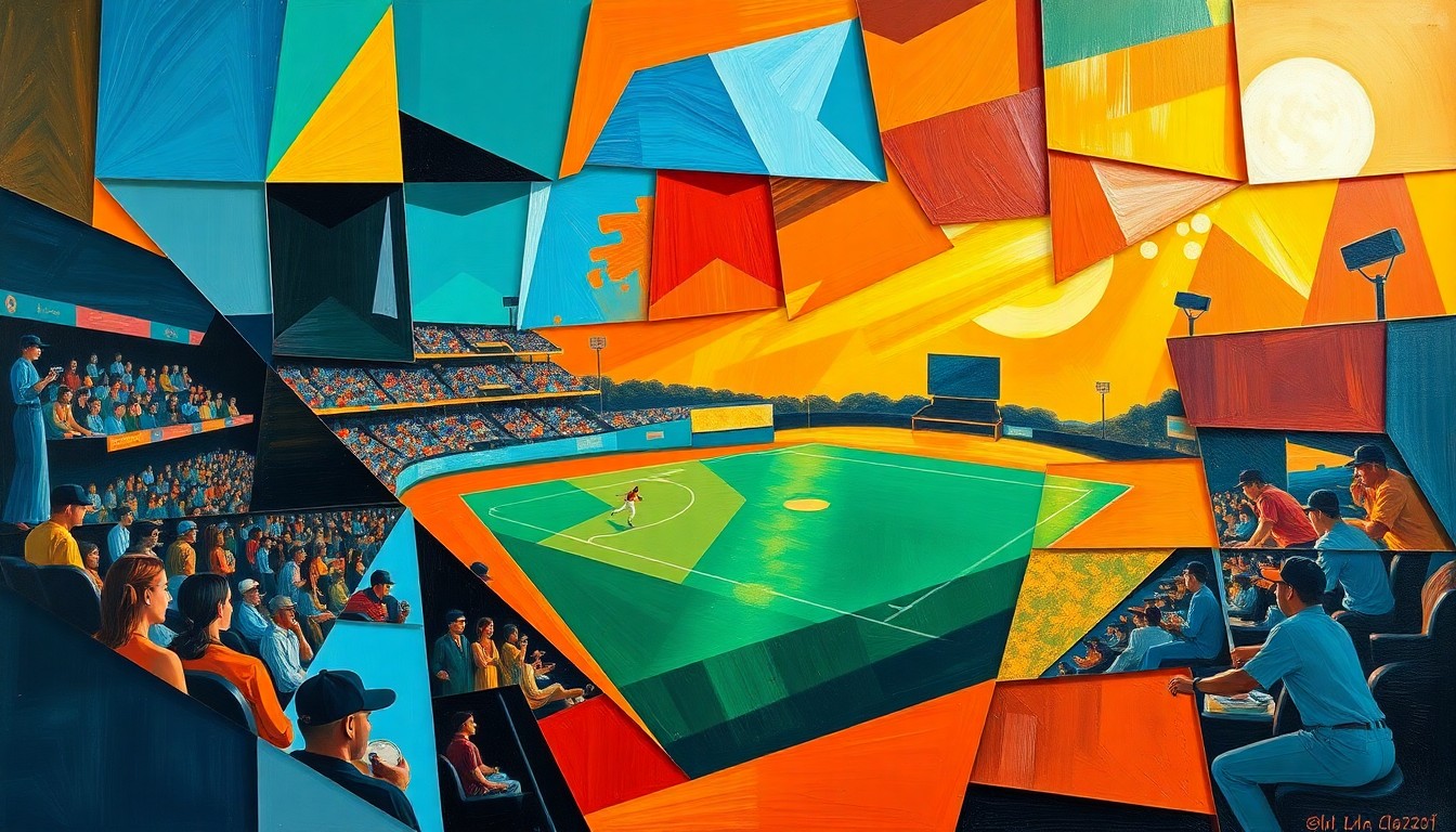 A fractured, multi-perspective painting in a cubist style, breaking down a softball game into sharp, overlapping geometric planes of vibrant colors like electric blue, fiery orange, and emerald green, conceptually representing the dynamic offensive output of the Columbus East softball team.