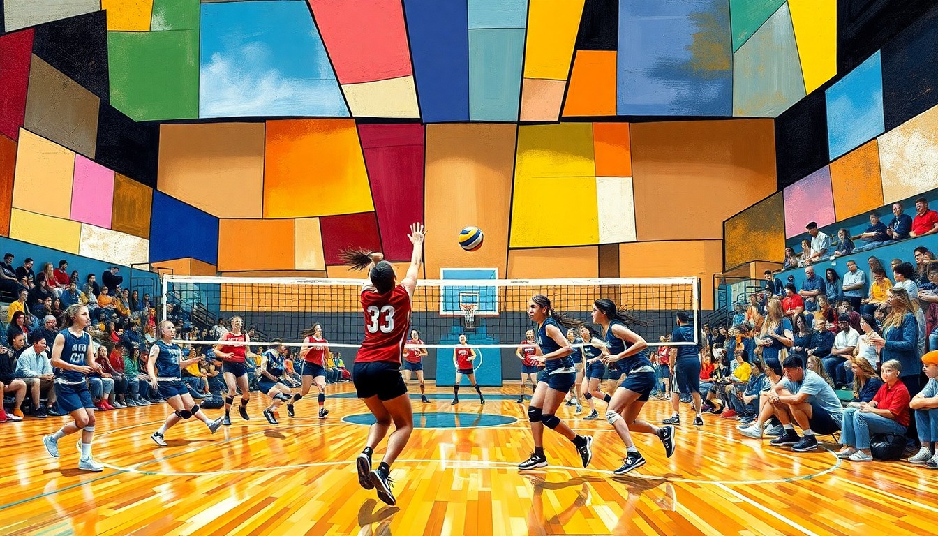 A cubist-style painting featuring overlapping geometric shapes and planes of color, representing the dynamic action and competitive spirit of a high school volleyball match between two teams.