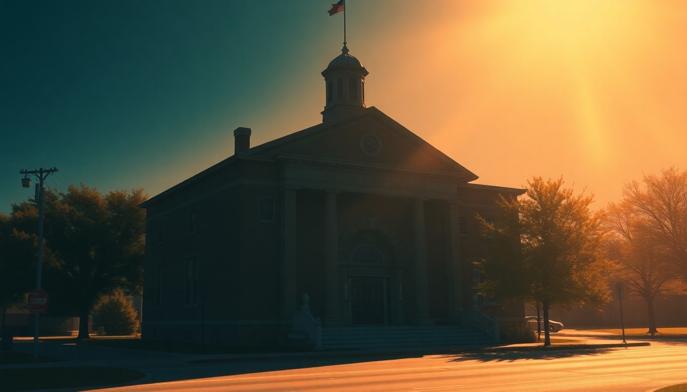 A photorealistic painting of the Stephens County Courthouse, a stately brick building with columns and arched windows, bathed in warm, golden light and deep shadows, conveying a sense of timeless civic importance.