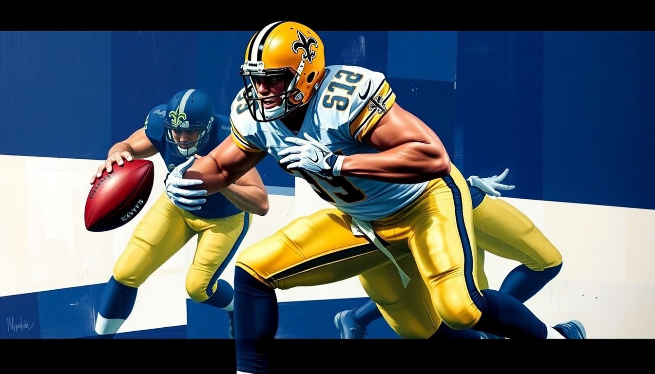 A fractured, cubist-style painting depicting a football player in the act of rushing the passer, with sharp geometric planes in the Saints' team colors of navy blue, gold, and white.