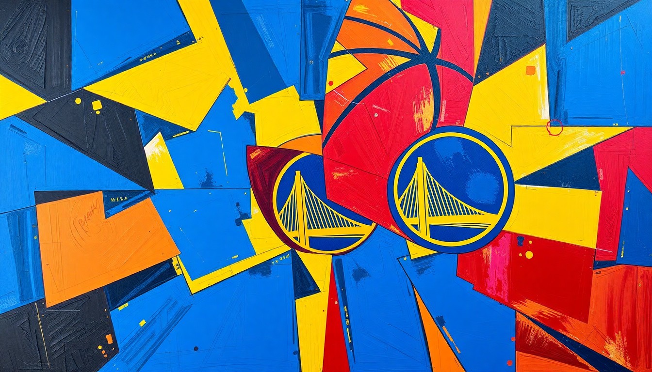 A fragmented, geometric painting depicting the dynamic movements and energy of a basketball game, with sharp planes of color representing the players and court.