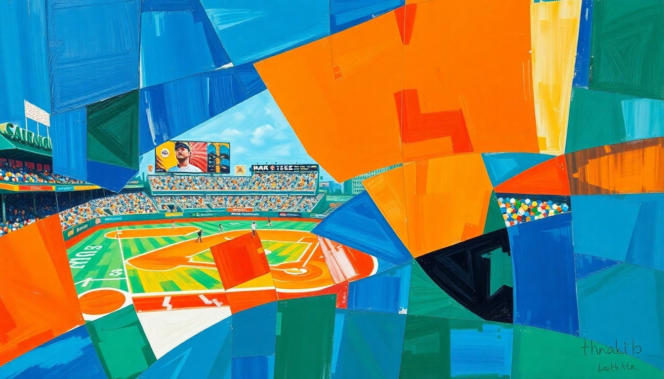 A fractured, multi-perspective painting depicting a baseball game, with sharp, overlapping geometric planes in vibrant colors like deep blue, bright orange, and emerald green, conveying the dynamic action and energy of the sport.