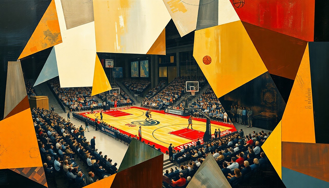 A fragmented, geometric painting depicting the dynamic action and competition of a college basketball game, with players and the court rendered in sharp, overlapping planes of color and form.