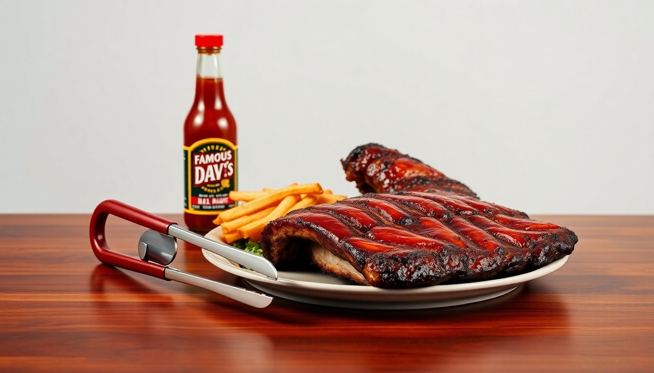 A high-end, photorealistic studio still-life photograph featuring a polished wooden table with a set of barbecue tongs, a bottle of barbecue sauce, and a plate of grilled ribs, all arranged elegantly against a clean, monochromatic background, conceptually representing the fusion of Famous Dave's BBQ and Johnny Carino's Italian cuisine.