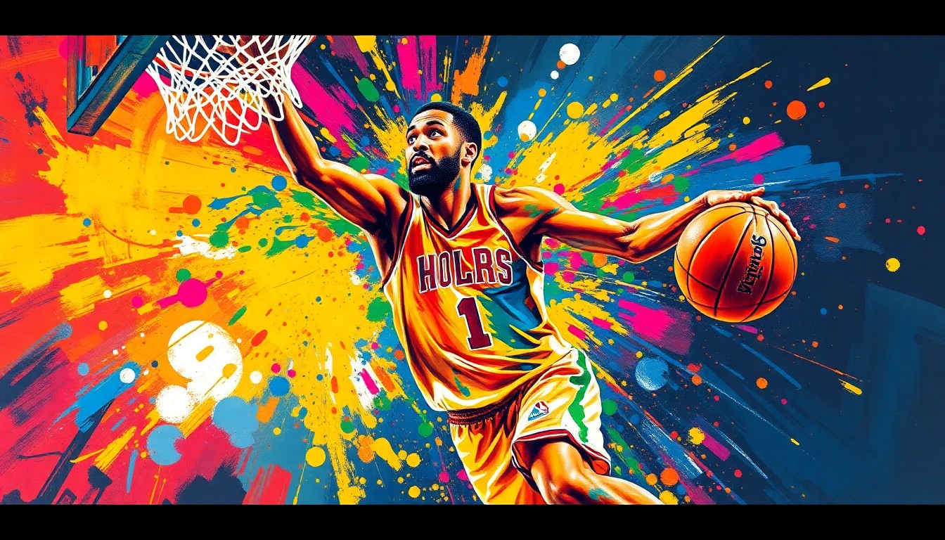 An extreme close-up of a basketball player's body in motion, with vibrant brushstrokes of neon orange, electric blue, and highlighter yellow capturing the raw energy and intensity of the drive to the hoop.