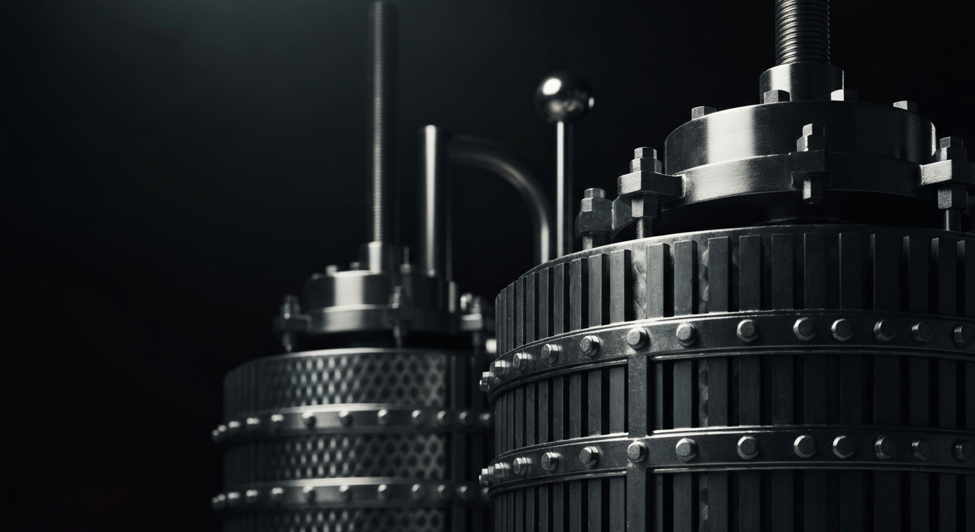 A close-up view of a shiny, metal wine press or fermentation tank, dramatically lit against a dark background, representing the secure, industrial nature of Scheid Vineyards' winemaking operations.