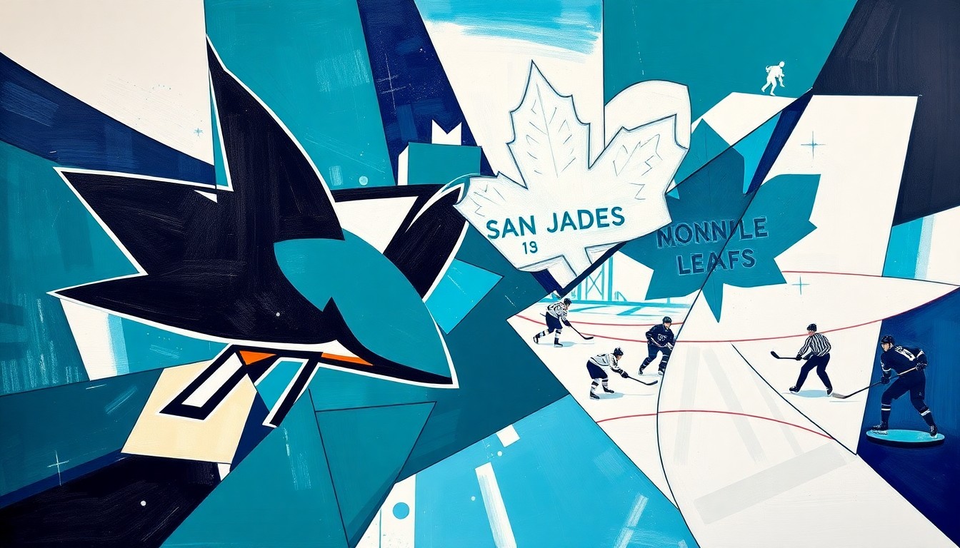 A cubist, geometric painting depicting a hockey game between the San Jose Sharks and Toronto Maple Leafs, with the players and action broken down into sharp, overlapping planes of vibrant teal, white, and navy blue colors.