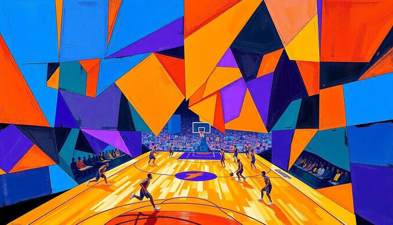 A cubist-style painting featuring overlapping geometric shapes and planes in the team colors of the Lakers and Thunder, conveying the chaotic and one-sided nature of their recent game.
