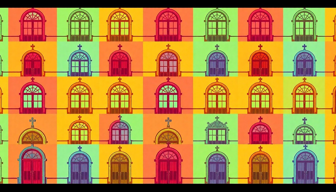 A brightly colored, high-contrast silkscreen print of an ornate church door repeated in a tight grid pattern, representing Oak Lawn UMC's commitment to preserving its historic architecture while responsibly redeveloping underutilized portions of its property.