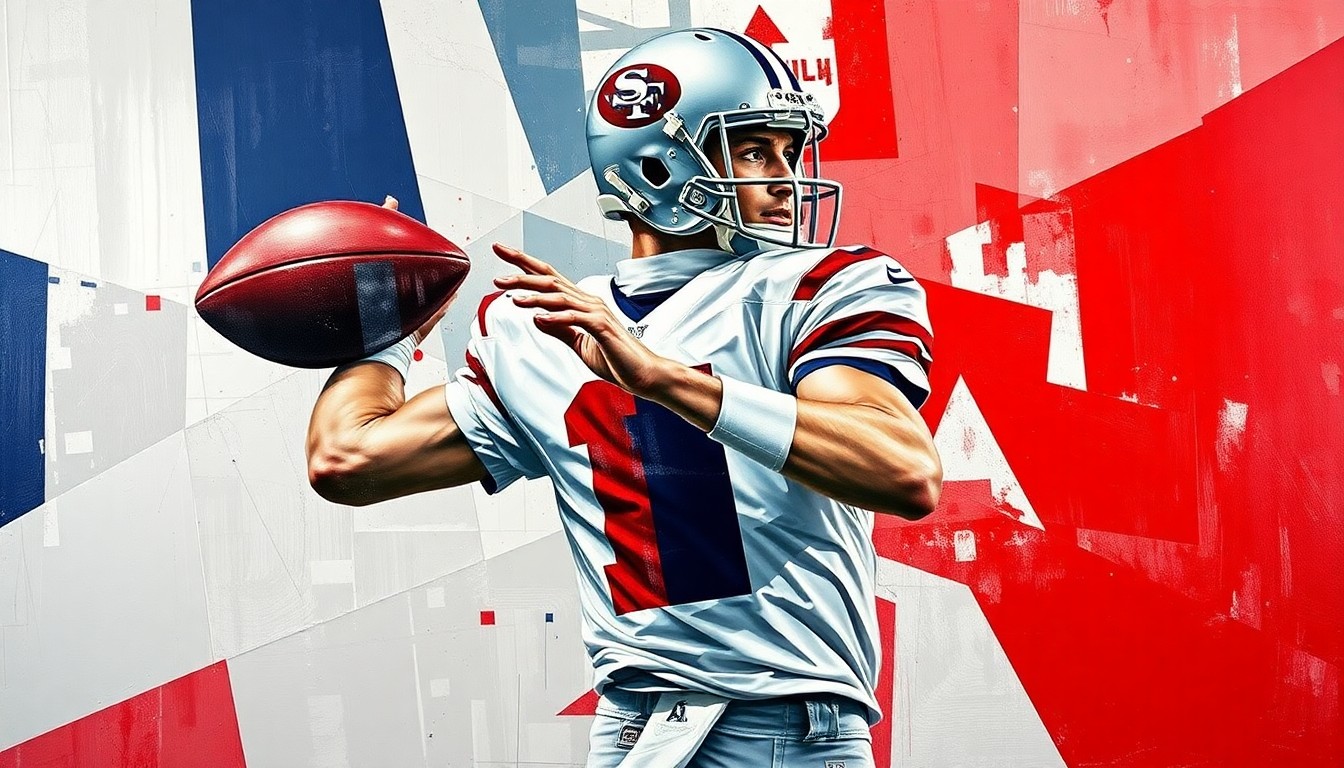 A fragmented, cubist-style painting depicting the abstract movements and angles of a quarterback dropping back to pass, rendered in a palette of metallic grays, deep blues, and bold reds.
