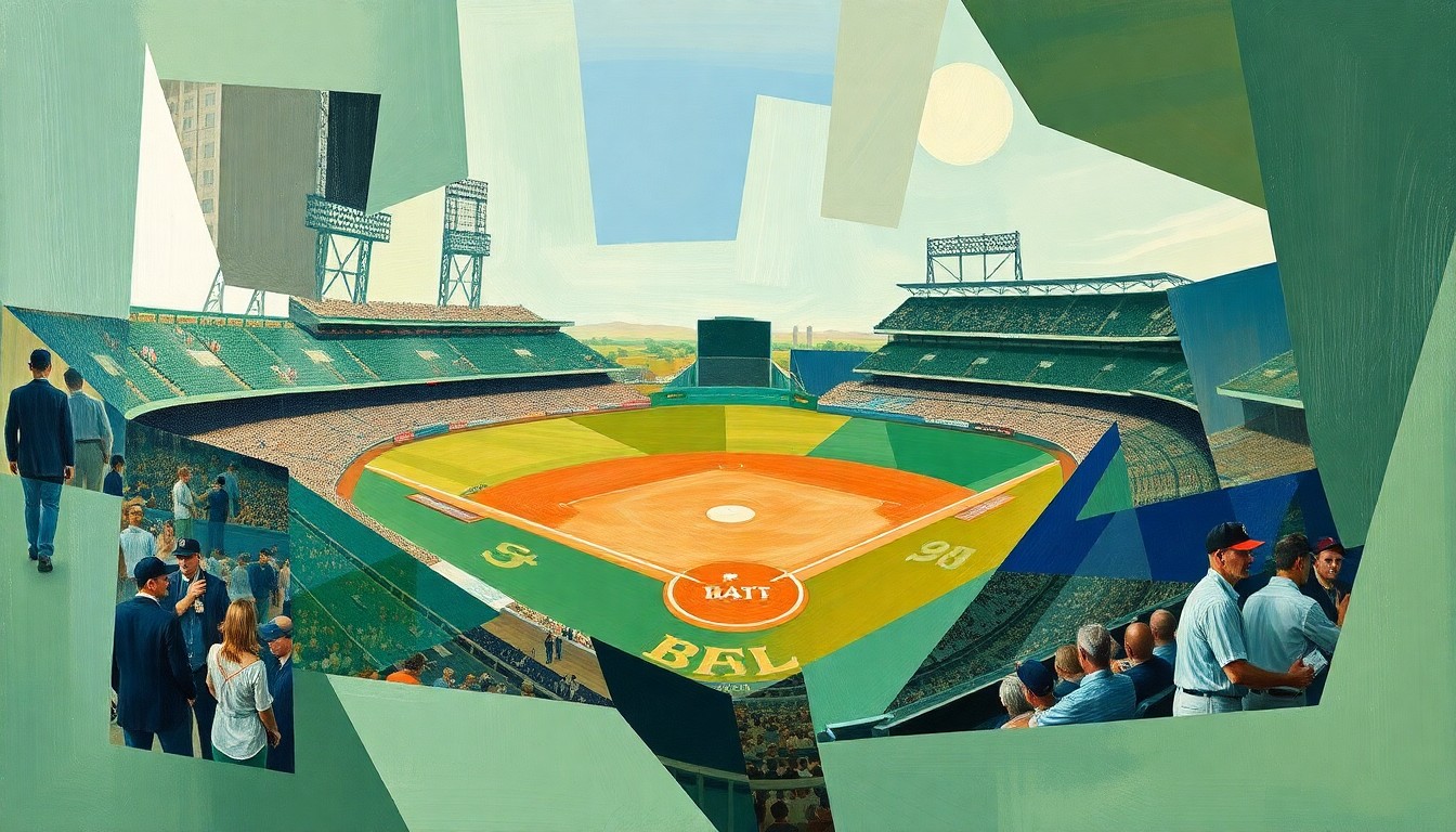 A cubist, geometric painting depicting a baseball game, with overlapping shapes and planes in shades of green, brown, and blue, conveying the energy and movement of the sport.