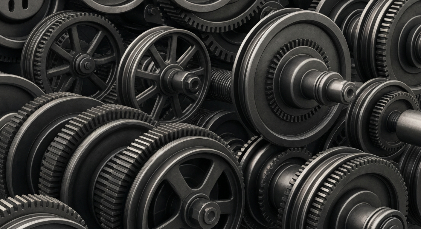A cinematic close-up of gears, pulleys, and other heavy industrial machinery in shades of steel gray, bronze, and black, conceptually representing the complex financial infrastructure and mechanics behind ContextLogic's e-commerce platform.