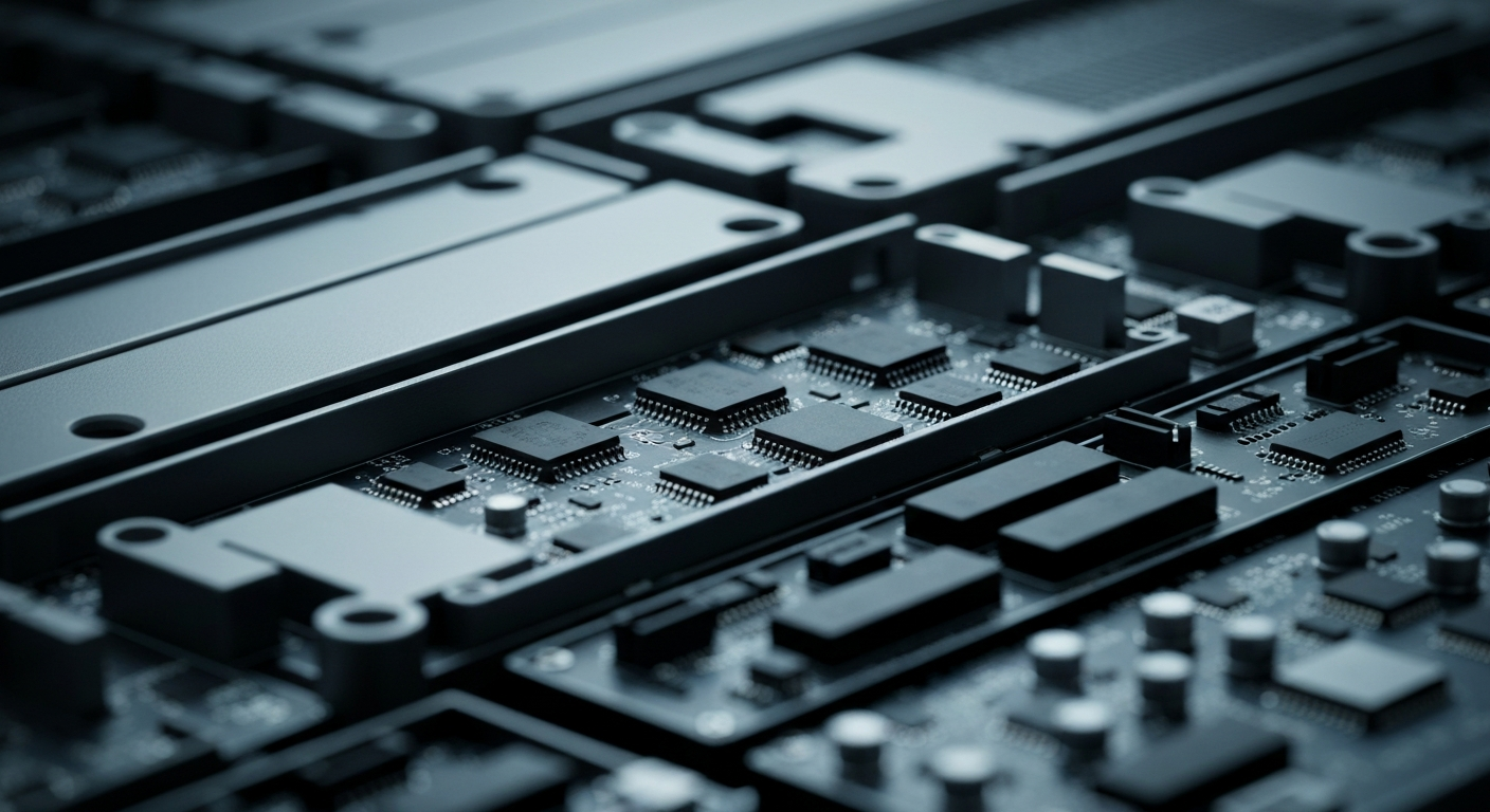 An extreme close-up photograph of intricate financial machinery and equipment, representing the complex inner workings of the stock market and pharmaceutical industry.