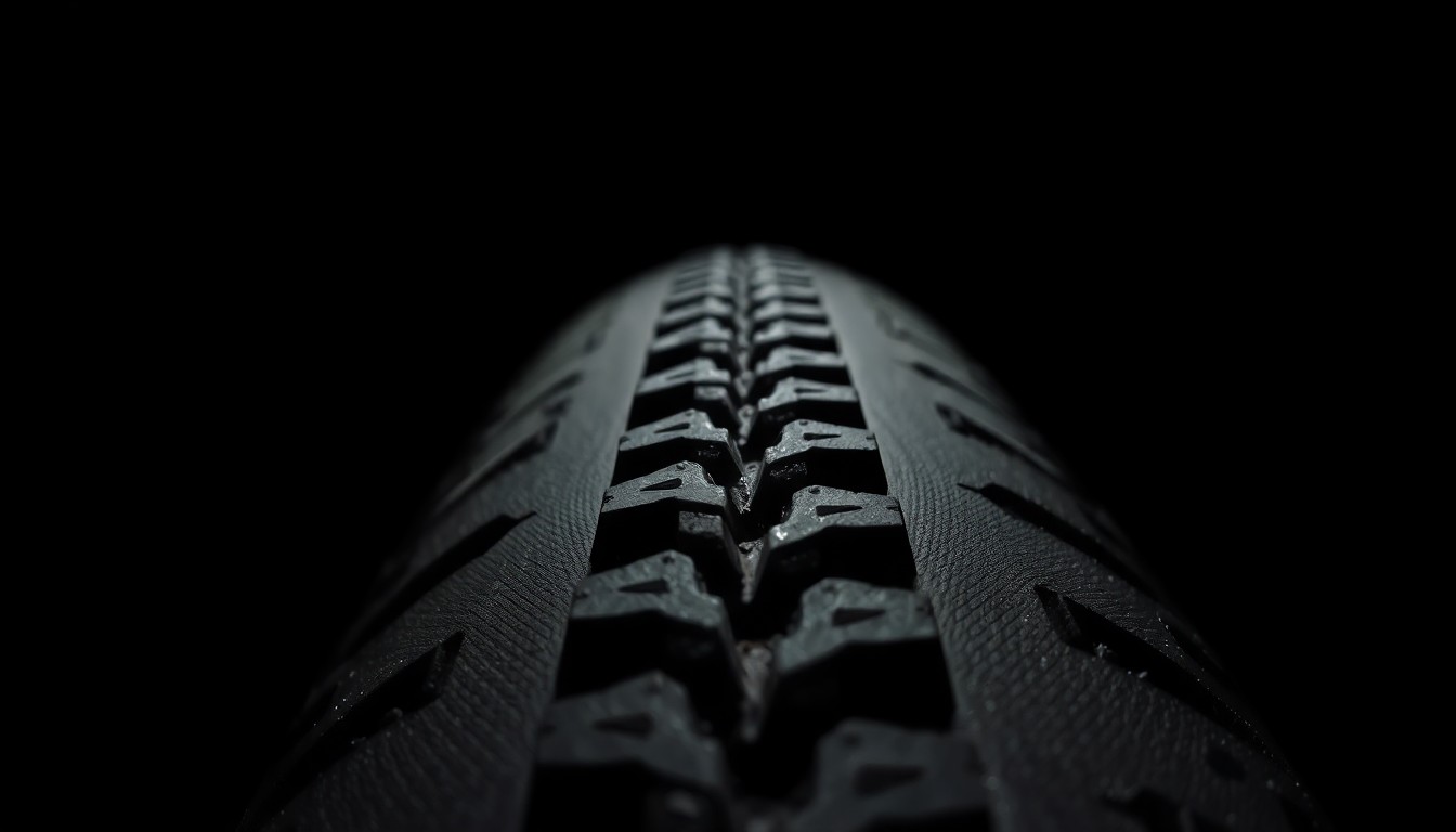 An extreme close-up photograph of a bicycle tire tread against a pitch-black background, lit by a harsh, direct camera flash, creating a stark, gritty, investigative aesthetic.