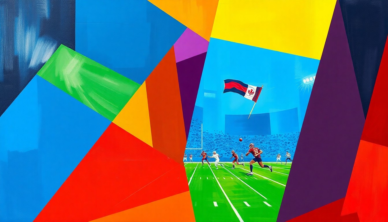A fragmented, geometric painting in bold primary colors depicting the action and energy of a flag football game, with players and the field broken down into overlapping angular shapes.