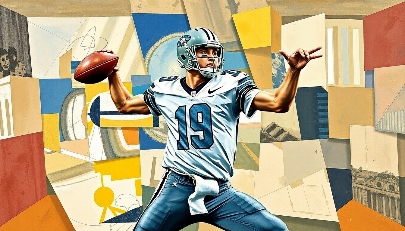 A fragmented, geometric painting depicting the various angles and planes of a quarterback's throwing motion, conveying the dynamic energy and skill of the prospect.