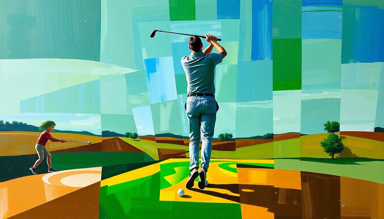 A fragmented, geometric painting depicting the dynamic motion of a golfer's swing, with sharp planes of color representing the energy and tension of the sport.