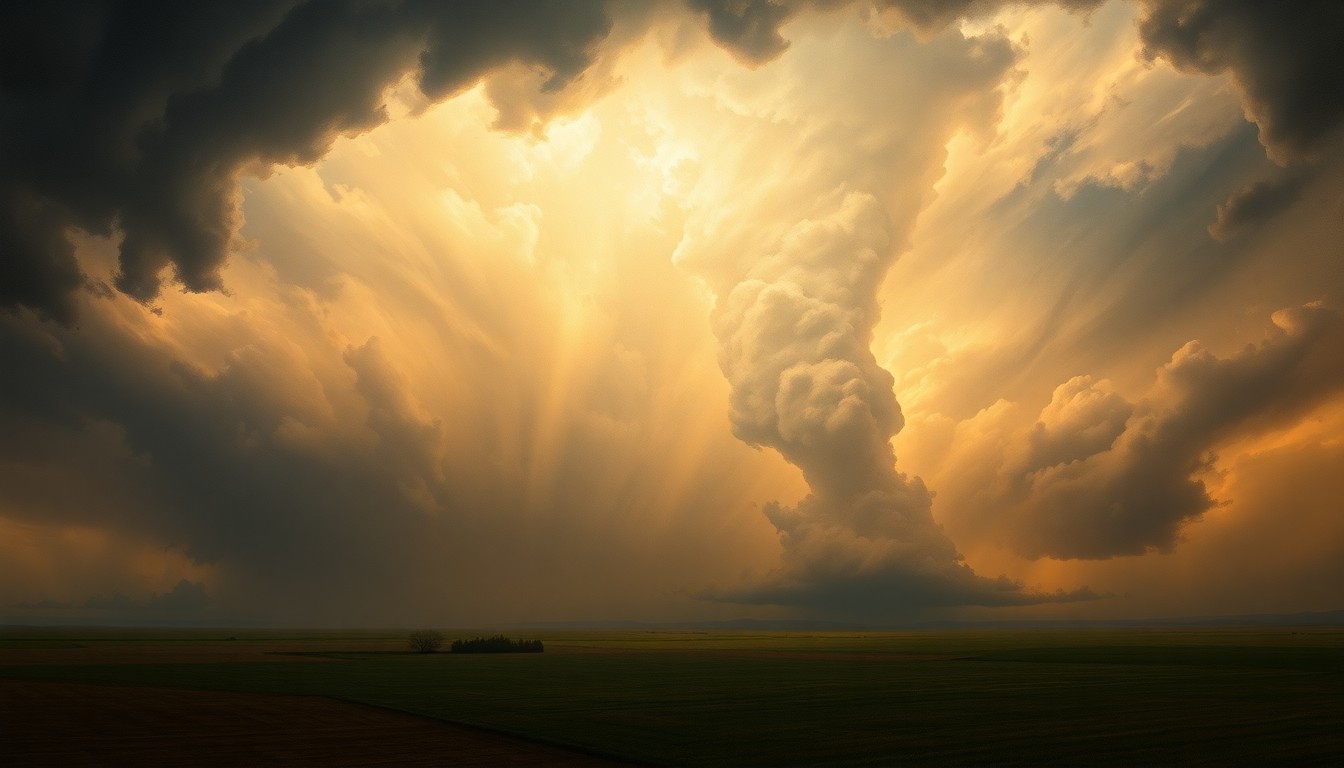 A vast, majestic landscape painting in the style of Caspar David Friedrich, with a dramatic, stormy sky dominating the scene. The composition uses deep atmospheric perspective and dramatic backlighting to capture the overwhelming, sublime scale of the tornado-spawning supercell thunderstorm, dwarfing any physical structures or objects caught within it.