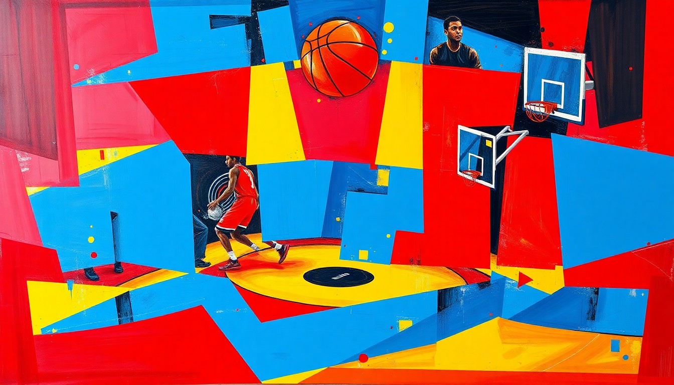 A fragmented, geometric painting depicting the dynamic action of a basketball game, with overlapping planes of color and shape representing the players and movement on the court.