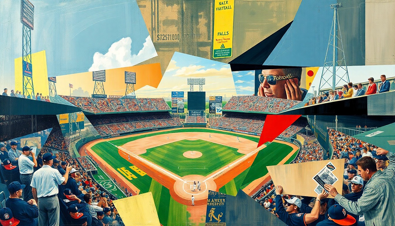 A cubist, geometric painting depicting a baseball game, with players and the field broken down into sharp, overlapping planes of color and shape.