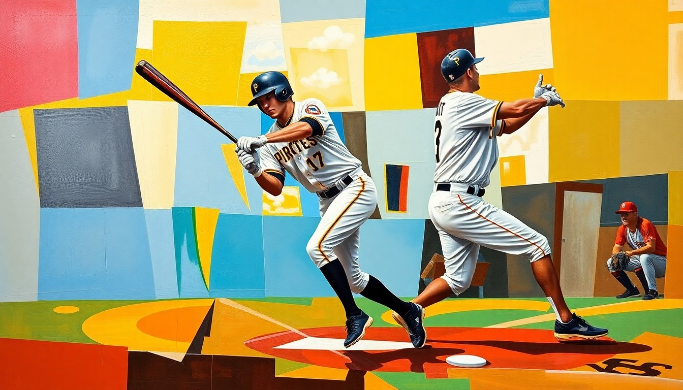 A cubist-style painting depicting a baseball player in various stages of motion, with their body and equipment broken down into sharp, overlapping geometric shapes and planes in the colors of the Pittsburgh Pirates' uniform.