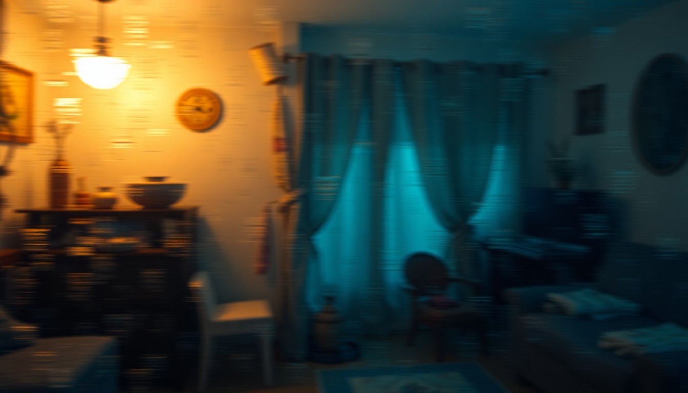 An abstract, impressionistic photograph showing a blurred, warm-toned interior scene with indistinct shapes and forms, conceptually representing the complex process of estate probate.