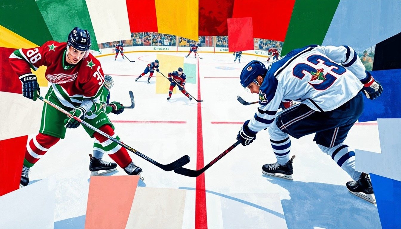 A fractured, geometric painting depicting the action of a hockey game, with sharp planes of color representing the players, sticks, and ice, conveying the intensity and strategic nature of the matchup between the Dallas Stars and Winnipeg Jets.
