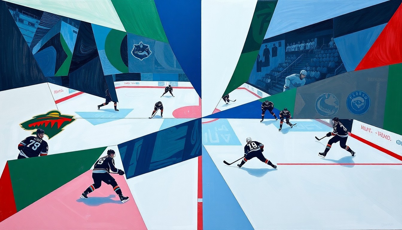 A fractured, multi-perspective painting depicting a hockey game between the Minnesota Wild and Vancouver Canucks, with the players' movements and the action on the ice broken down into abstract, angular forms in a palette of blues, greens, and reds.