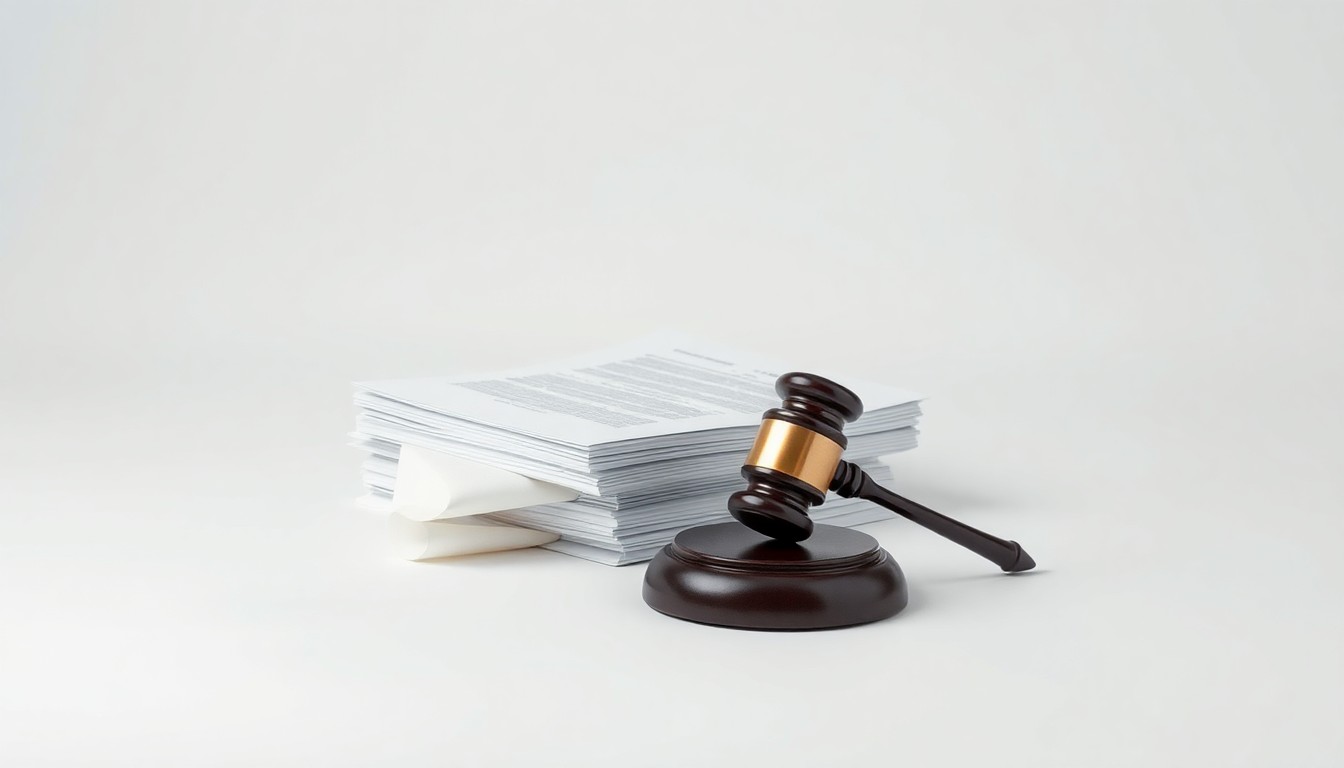 A photorealistic studio still life featuring a stack of official documents and a wooden gavel on a plain white background, symbolizing the corporate strategy and legal framework behind the contentious data center project.
