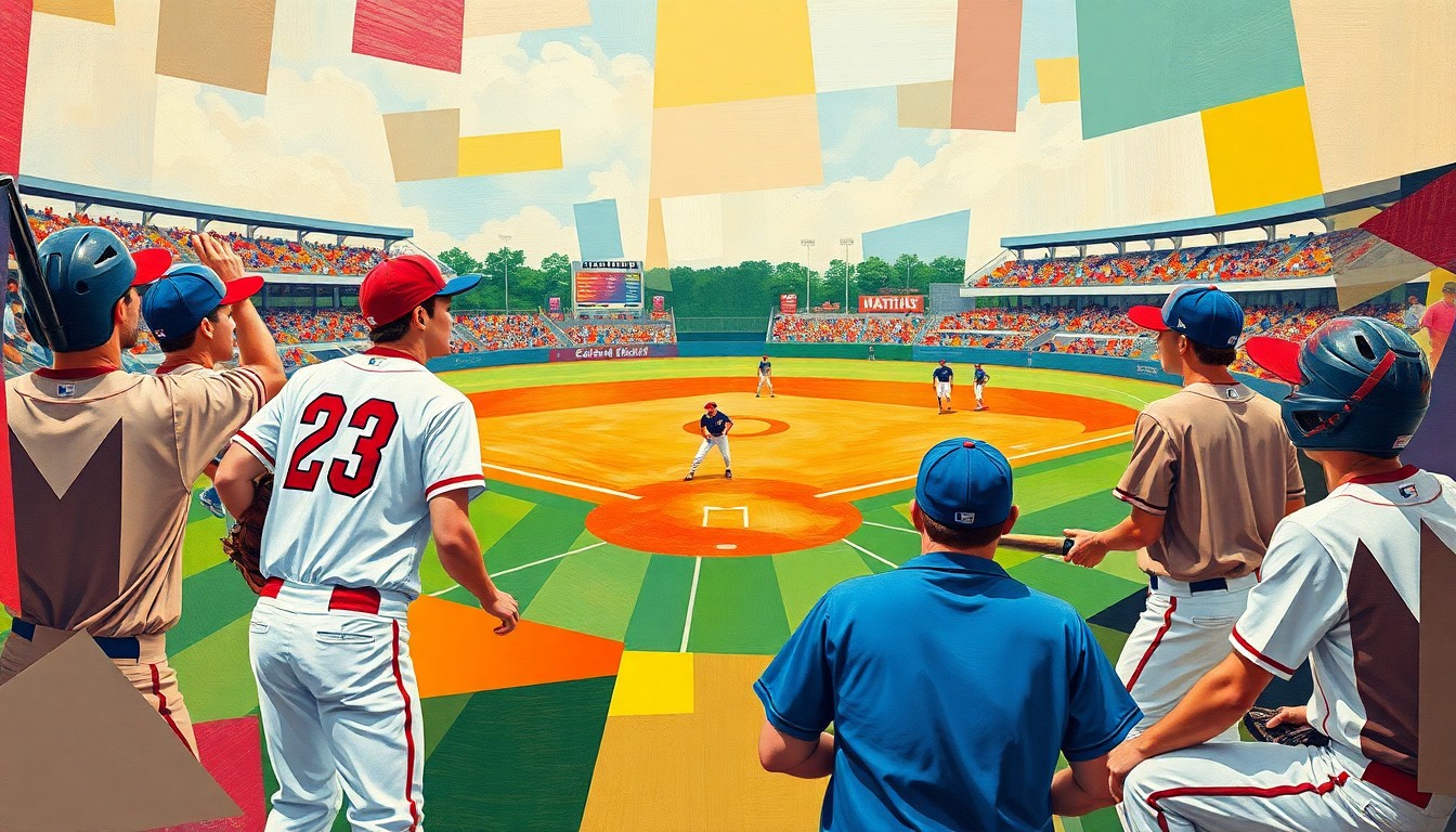 A fractured, multi-perspective painting in the style of Pablo Picasso, breaking a high school baseball game down into sharp, overlapping geometric planes of vibrant colors representing the players' uniforms and equipment. The image captures the dynamic energy of the sport without any identifiable details.