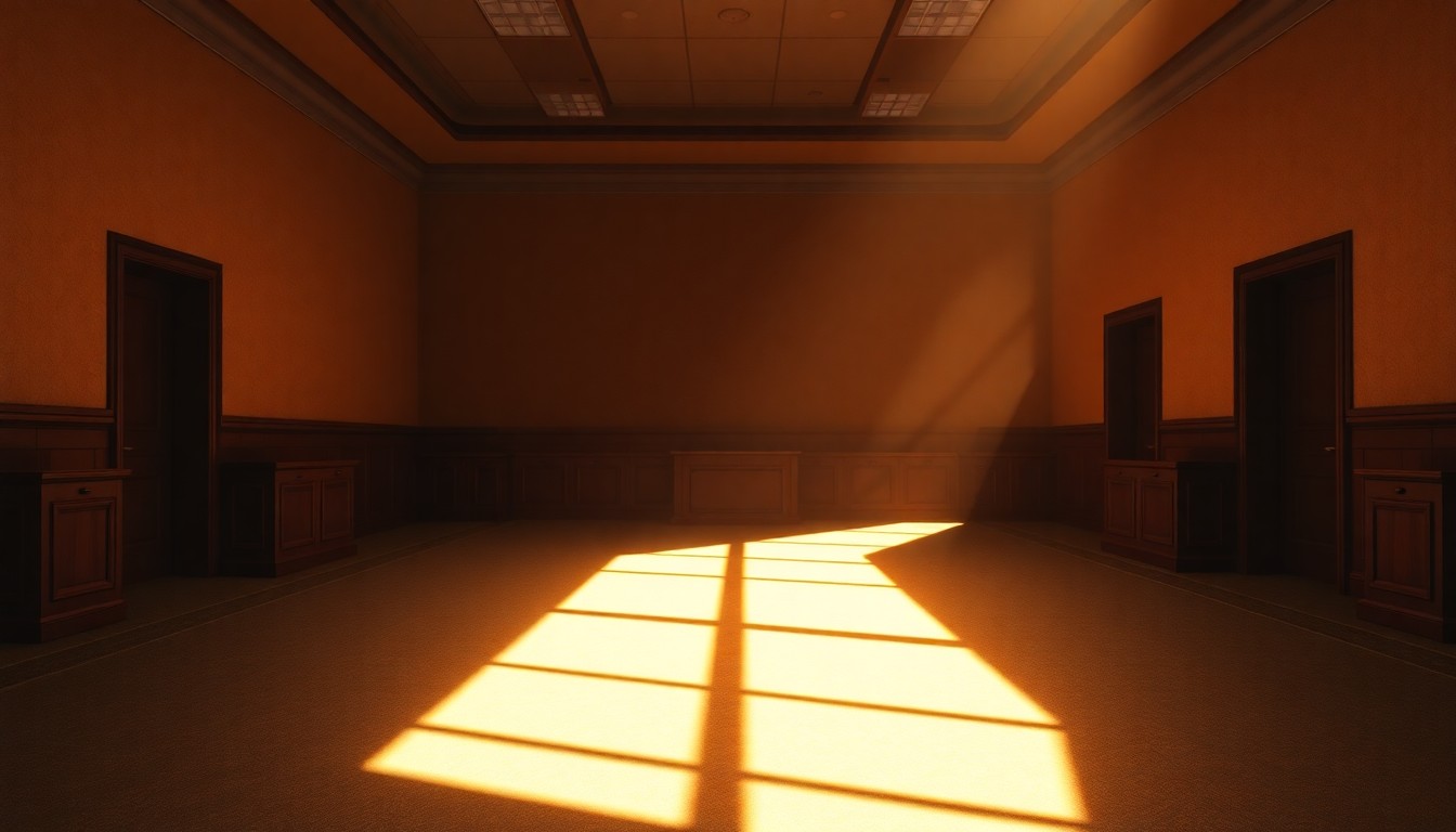 A quiet, cinematic painting of an empty government office space with warm, diagonal sunlight and deep shadows, conceptually illustrating the political uncertainty and institutional instability surrounding the reported dismissal of the Attorney General.